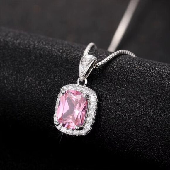 NEW 925 Sterling Silver Pink Sapphire Diamond Necklace - Picture 2 of 4